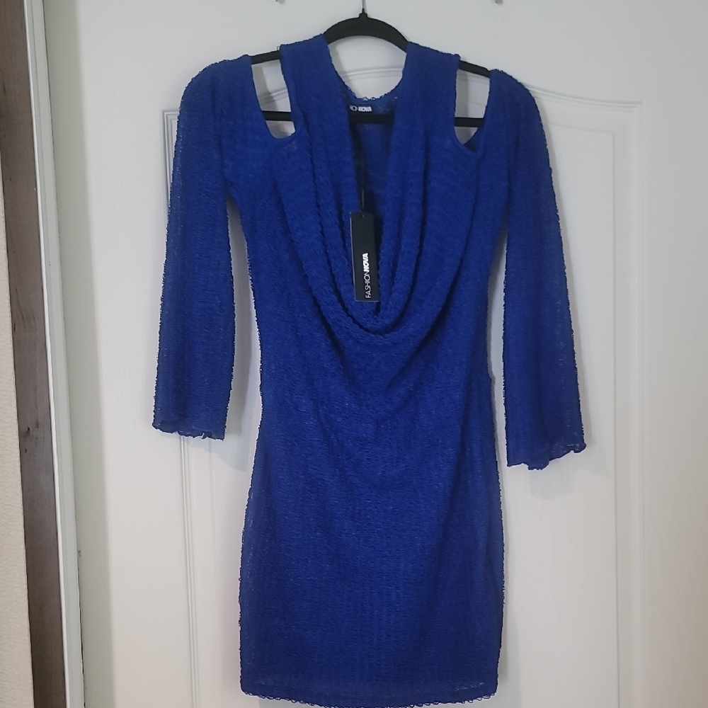 NWT Fashion Nova Womans Casey Crochet Mini  Blue Cowl Neck Dress Sz 1X